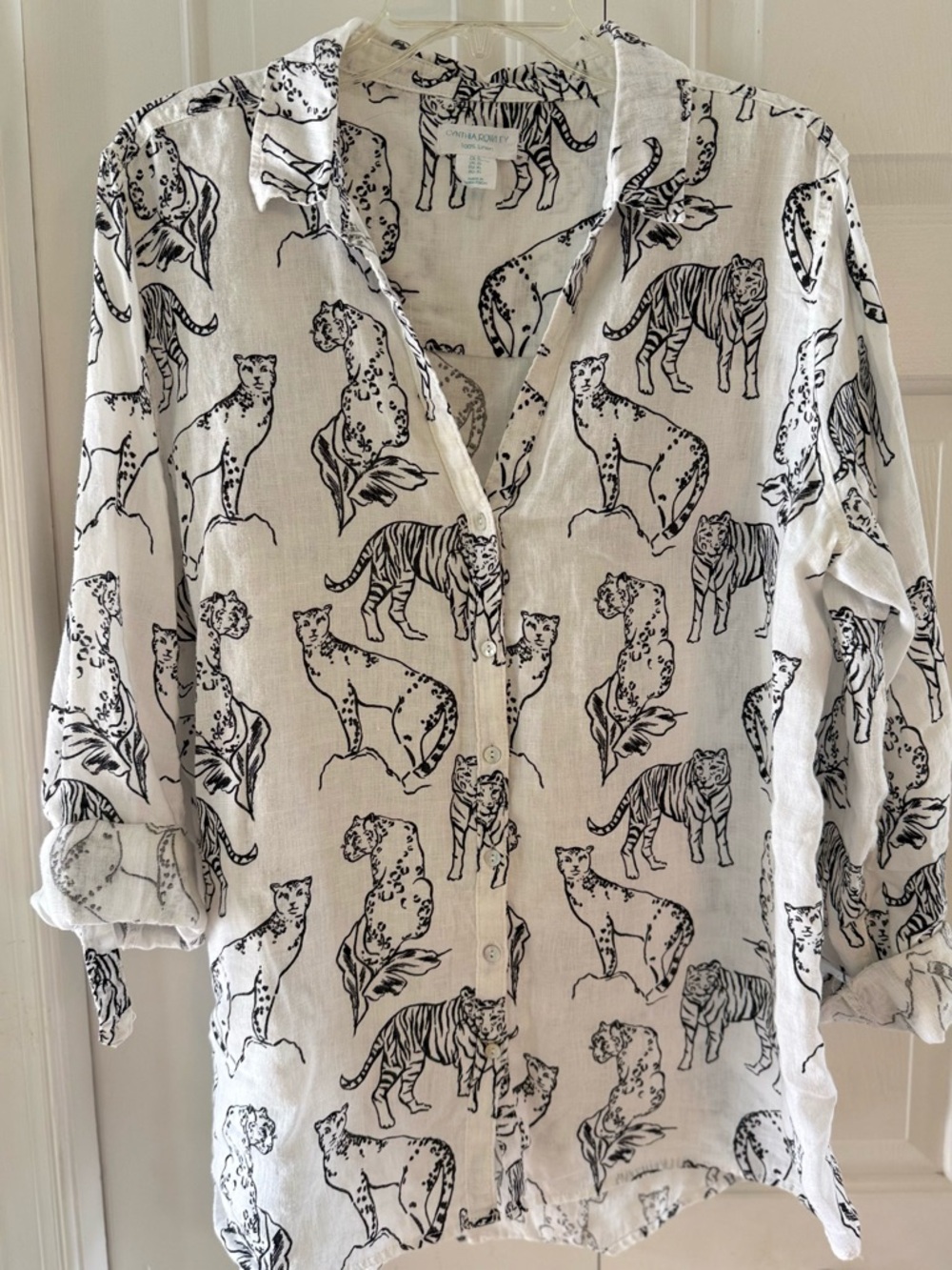 Cynthia Rowley White Linen Shirt with Black Animal /Cat Sketch Print Sz XL